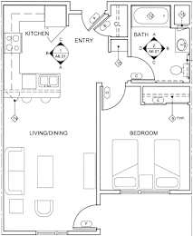 A floor plan of a home with a living room, dining room, kitchen, and two bedrooms.
