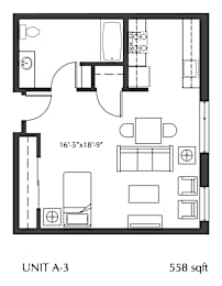 A black and white image of a floor plan for a 558 sq ft unit.