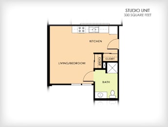 A floor plan of a 330 square foot studio unit with a living/bedroom, kitchen, bath, and closet.