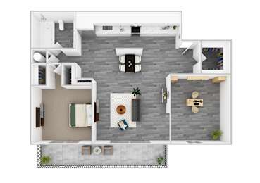 A top-down view of a modern apartment layout with a kitchen, living room, and dining area.
