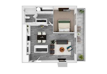 A top down view of a small apartment with a bed, a couch, a table, and a small kitchen area.