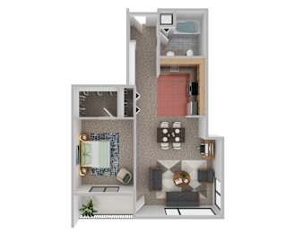 A 3D floor plan of a small apartment with a kitchen, living room, and bathroom.