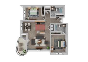 A 3D floor plan of a house with a living room, kitchen, dining room, and bedrooms.