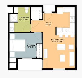 A floor plan of a small apartment with a bathroom, bedroom, and kitchen/living room.