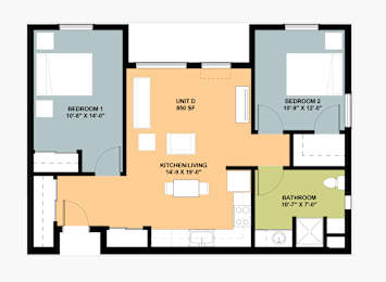 A floor plan of a house with four labeled rooms.