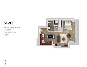 A floor plan of a one bedroom apartment with a studio space and a bathroom.