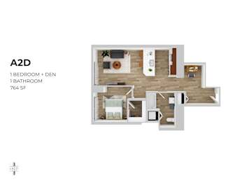 A 2D floor plan of a 1 bedroom and 1 bathroom apartment sized at 764 square feet.