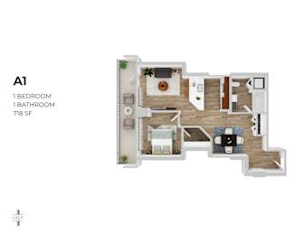 A 1 bedroom, 1 bathroom apartment with 718 square feet.
