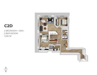 A floor plan of a C2D apartment with 2 bedrooms, a den, and 2 bathrooms.