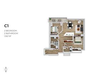 A floor plan of a C1 apartment with 2 bedrooms and 2 bathrooms.