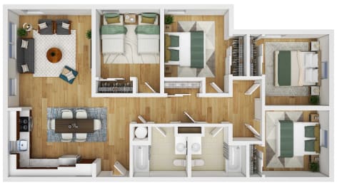 a 3d floor plan of a house with bedrooms and a living room
