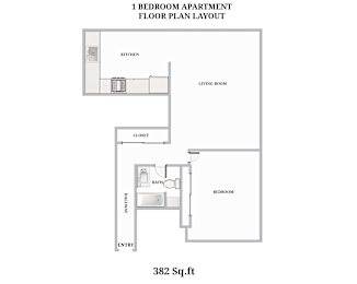 A floor plan of a one bedroom apartment is shown.