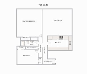 A floor plan of an apartment with a master bedroom and a living room.