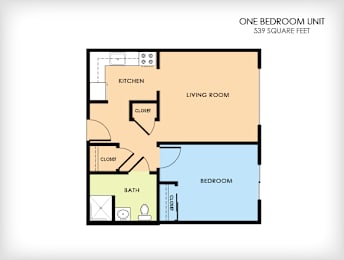 A floor plan of a one bedroom unit that is 539 square feet.