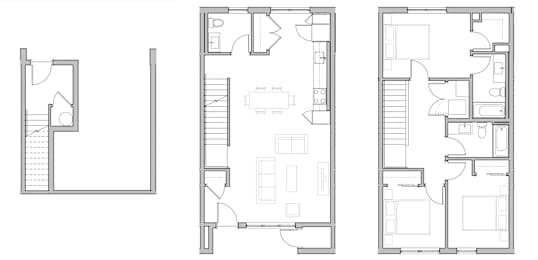Three floor plans of a house with different layouts.