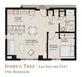A floor plan of a one bedroom apartment named Joshua Tree that is 650 square feet.
