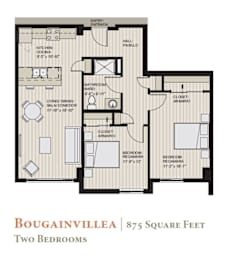 A floor plan of a two bedroom apartment at Bougainvillea, which is 875 square feet.