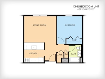A floor plan of a one bedroom unit with a living room, kitchen, closet, bathroom and bedroom.