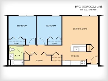 A floor plan of a two bedroom unit with a living room, kitchen, bath, and storage.