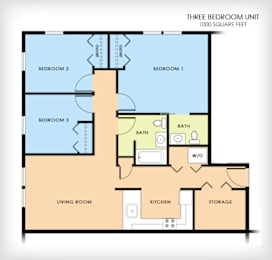 A floor plan of a three bedroom unit with a living room, kitchen, and storage.