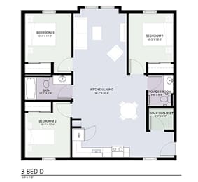 A 3 bedroom apartment layout with a kitchen, bath, and living room.