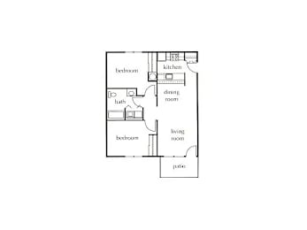 A floor plan of a house with a living room, dining room, kitchen, two bedrooms, a bathroom and a patio.