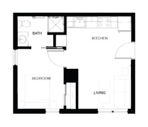 A black and white floor plan of a small apartment with a bedroom, kitchen, and bathroom.