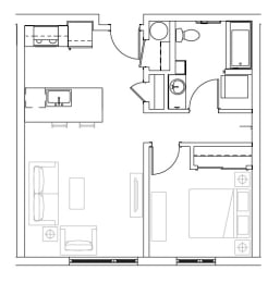 A floor plan of a house with a kitchen, living room, and bathroom.