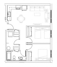 A floor plan of a house with a kitchen, living room, dining room, and bathroom.