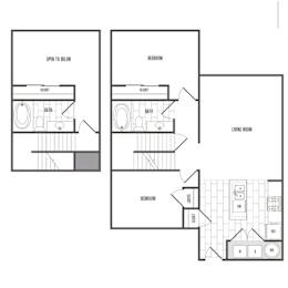 A floor plan of a house with a living room, two bedrooms, a bathroom, and a closet.