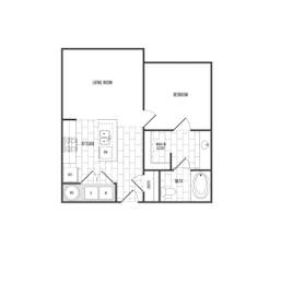 A black and white image of a house floor plan with a living room, bedroom, kitchen, bathroom, and laundry room.