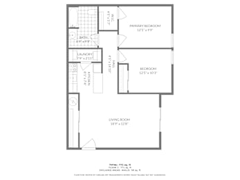 A floor plan of a home with a living room, bedroom, and laundry room.