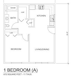 A floor plan of a 1 bedroom apartment sized at 672 square feet.