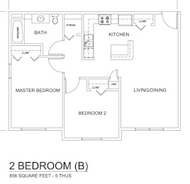 A floor plan of a 2 bedroom apartment with a living room and kitchen.