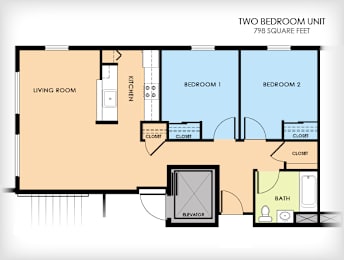 A floor plan of a two bedroom unit with a living room, kitchen, and bathroom.