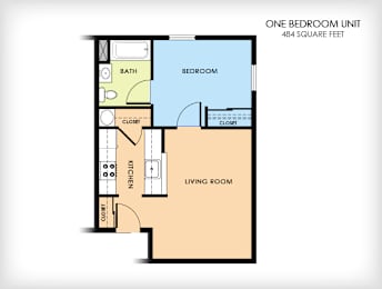 A floor plan of a one bedroom unit with a bath, bedroom, living room, and kitchen.