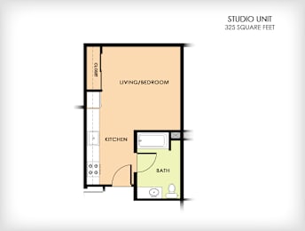 A floor plan of a studio unit with a living/bedroom, kitchen, and bath.