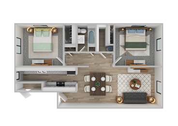 A top-down view of a well-organized living space with a kitchen, dining area, and two bedrooms.