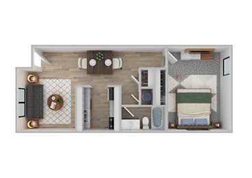 A top-down view of a modern, minimalist bedroom with a bed, nightstand, and a desk with a chair.