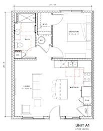 A floor plan of a unit with a living room, kitchen, bathroom and bedroom.