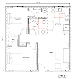 A floor plan of a unit with two bedrooms, a living room, a kitchen, a bathroom, a linen closet, a laundry area, and a pantry.