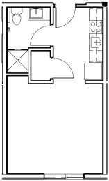 a floor plan of a small room with a bed and a desk