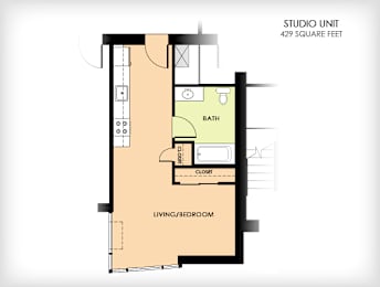A floor plan of a 429 square feet studio unit with a living/bedroom, bath, and closet.