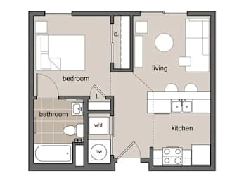 A floor plan of a living room with a bathroom.