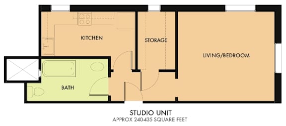 A floor plan of a studio apartment with a kitchen, bath, living/bedroom, and storage area.