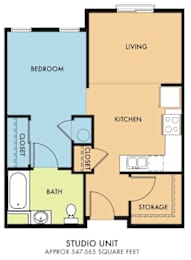 A floor plan of a studio unit with a living area, kitchen, bedroom, bathroom, and storage space.