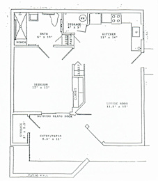 A floor plan of a house with a living room, bedroom, bathroom, kitchen, and storage.