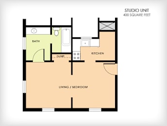 A floor plan of a 400 square feet studio unit with a living/bedroom area, kitchen, and bathroom.