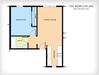 A floor plan of a one bedroom unit that is 530 square feet.