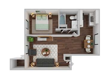 A top-down view of a small, neatly organized apartment with a bed, a couch, a kitchenette, and a dining area.